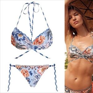 Agua Bendita Light Blue Floral Tie Bikini - Blue, Orange, White